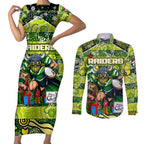 Custom Raiders Rugby Merry Christmas Couples Matching Short Sleeve Bodycon Dress and Long Sleeve Button Shirt Indigenous Australian Art
