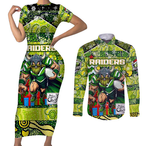Custom Raiders Rugby Merry Christmas Couples Matching Short Sleeve Bodycon Dress and Long Sleeve Button Shirt Indigenous Australian Art