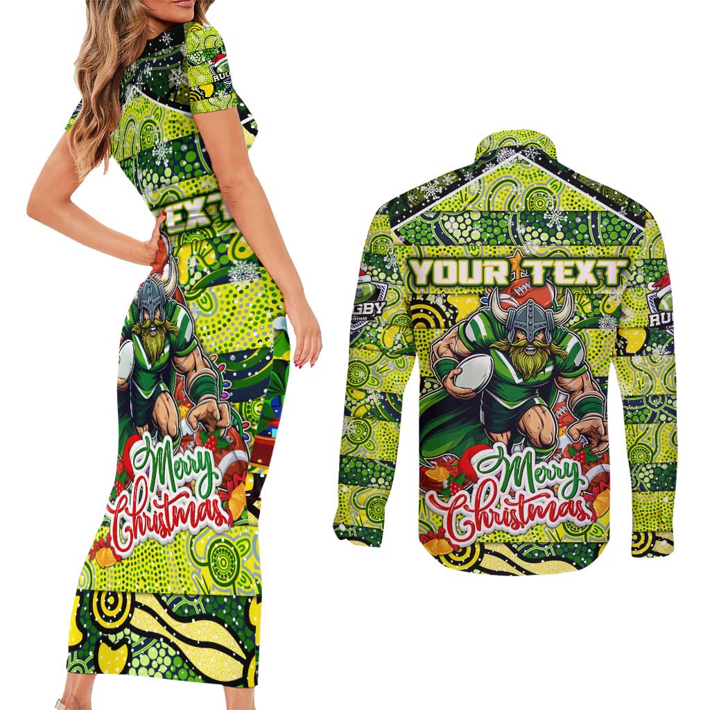 Custom Raiders Rugby Merry Christmas Couples Matching Short Sleeve Bodycon Dress and Long Sleeve Button Shirt Indigenous Australian Art