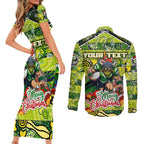 Custom Raiders Rugby Merry Christmas Couples Matching Short Sleeve Bodycon Dress and Long Sleeve Button Shirt Indigenous Australian Art