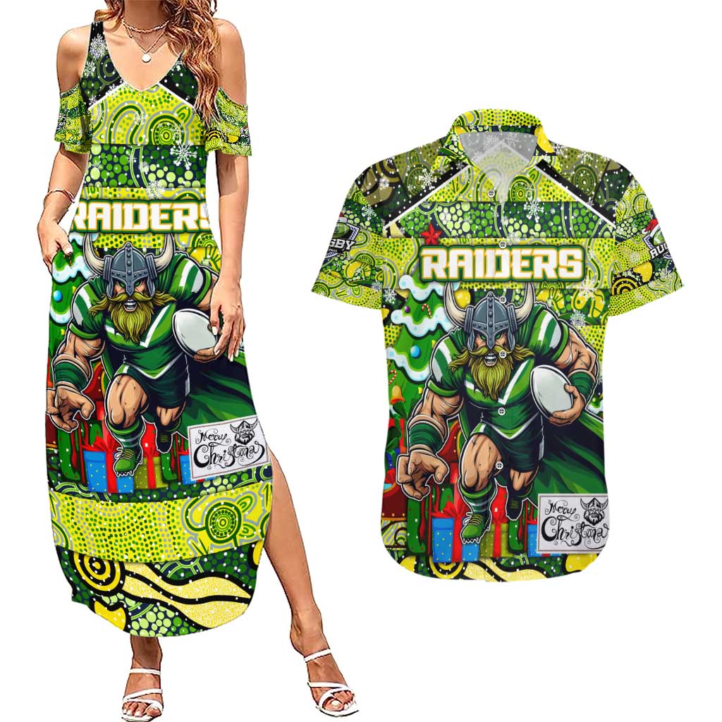Custom Raiders Rugby Merry Christmas Couples Matching Summer Maxi Dress and Hawaiian Shirt Indigenous Australian Art