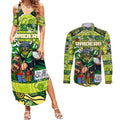 Custom Raiders Rugby Merry Christmas Couples Matching Summer Maxi Dress and Long Sleeve Button Shirt Indigenous Australian Art