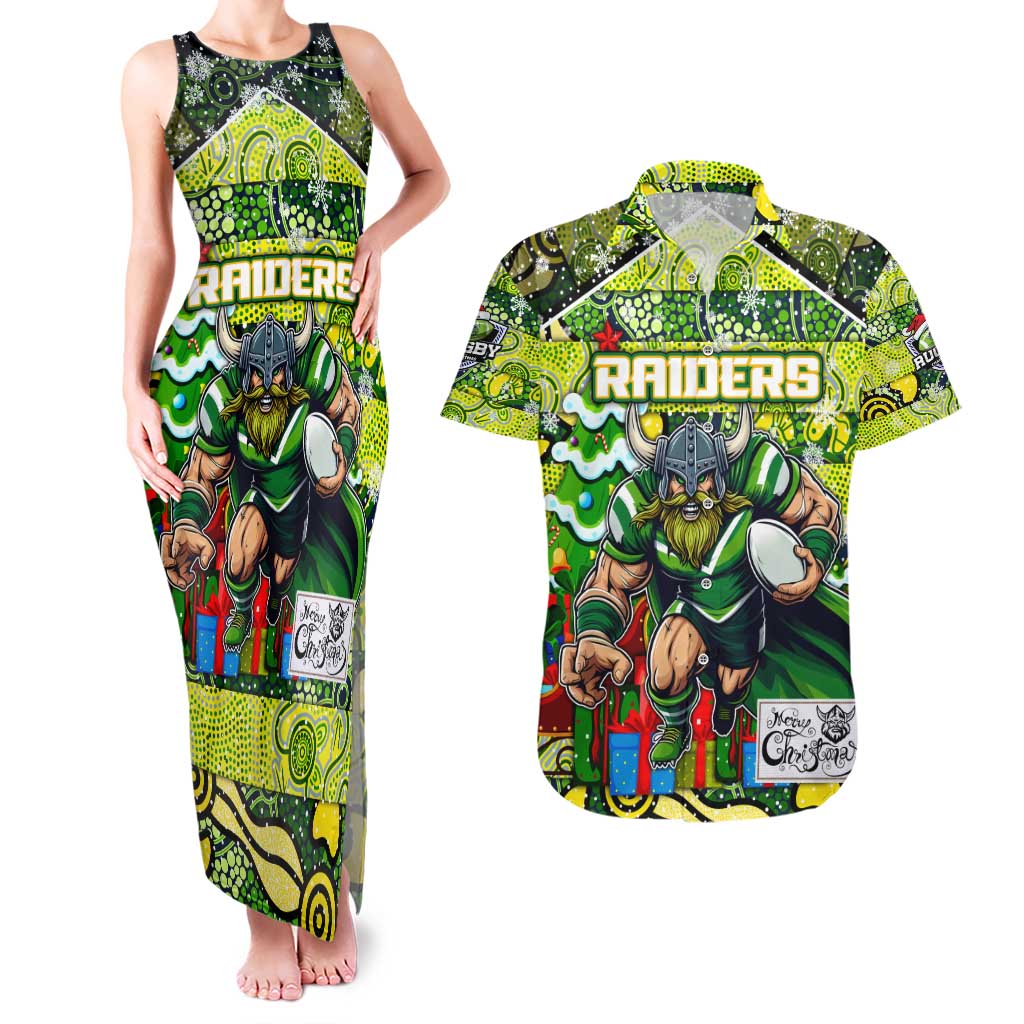 Custom Raiders Rugby Merry Christmas Couples Matching Tank Maxi Dress and Hawaiian Shirt Indigenous Australian Art