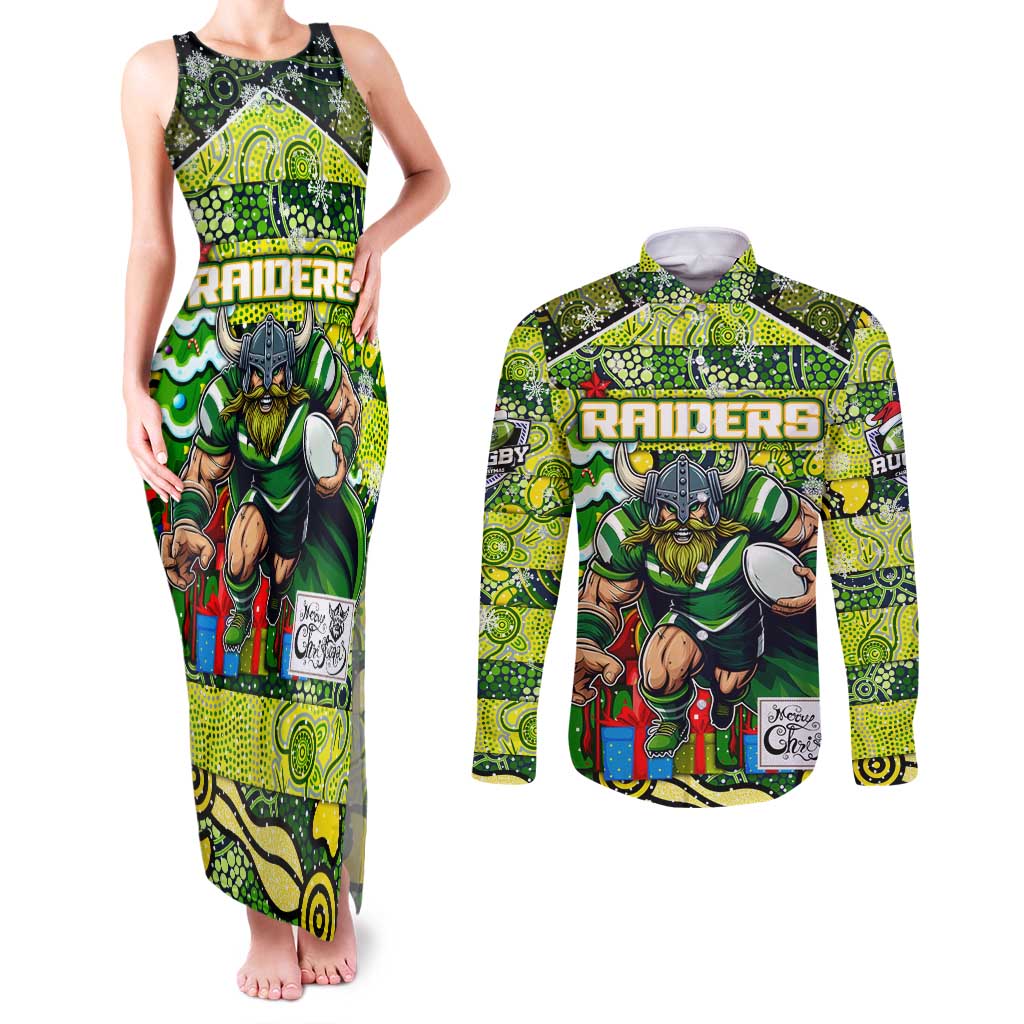 Custom Raiders Rugby Merry Christmas Couples Matching Tank Maxi Dress and Long Sleeve Button Shirt Indigenous Australian Art