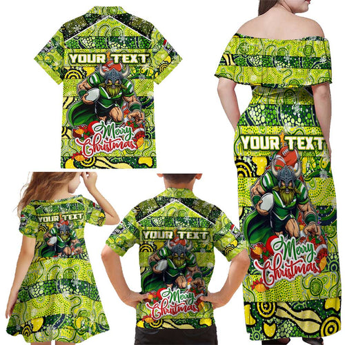 Custom Raiders Rugby Merry Christmas Family Matching Off Shoulder Maxi Dress and Hawaiian Shirt Indigenous Australian Art