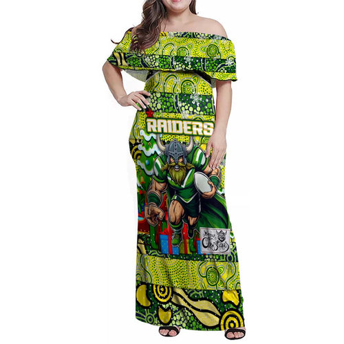 Custom Raiders Rugby Merry Christmas Family Matching Off Shoulder Maxi Dress and Hawaiian Shirt Indigenous Australian Art