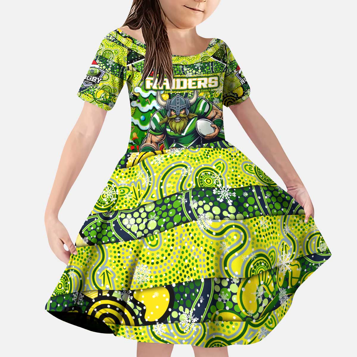 Custom Raiders Rugby Merry Christmas Kid Short Sleeve Dress Indigenous Australian Art