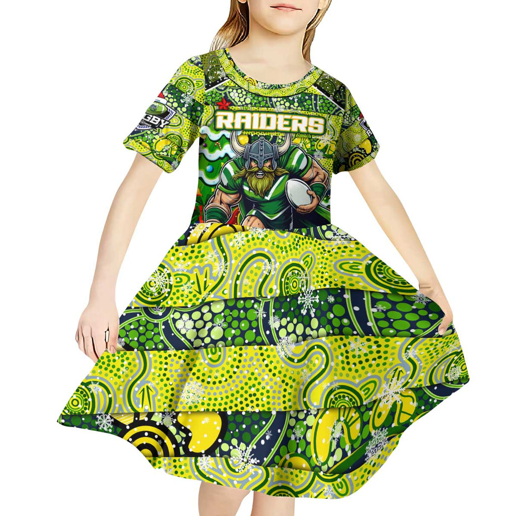 Custom Raiders Rugby Merry Christmas Kid Short Sleeve Dress Indigenous Australian Art