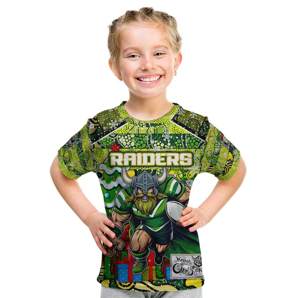Custom Raiders Rugby Merry Christmas Kid T Shirt Indigenous Australian Art