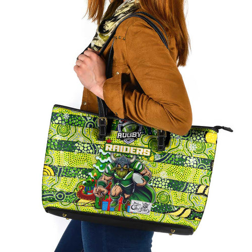 Raiders Rugby Merry Christmas Leather Tote Bag Indigenous Australian Art