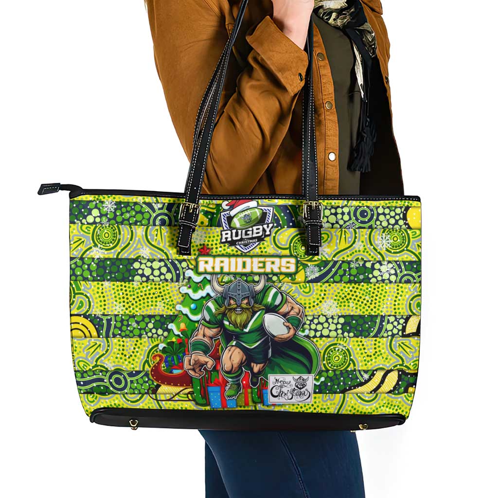 Raiders Rugby Merry Christmas Leather Tote Bag Indigenous Australian Art