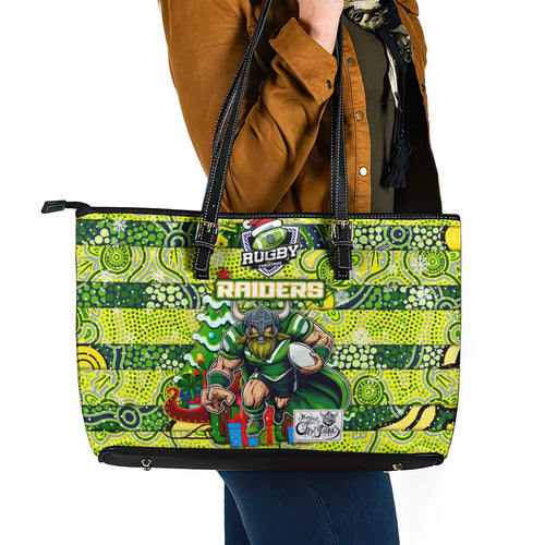 Raiders Rugby Merry Christmas Leather Tote Bag Indigenous Australian Art