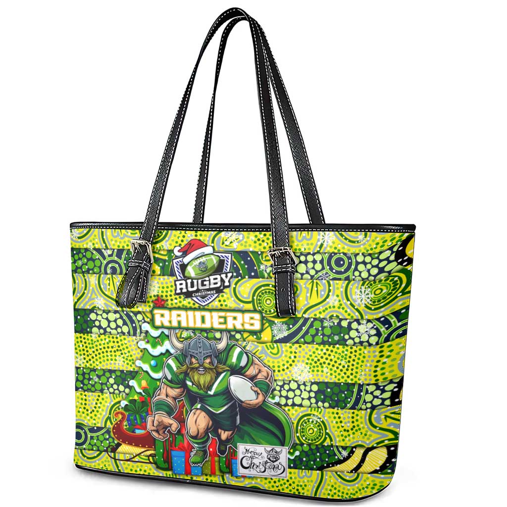 Raiders Rugby Merry Christmas Leather Tote Bag Indigenous Australian Art