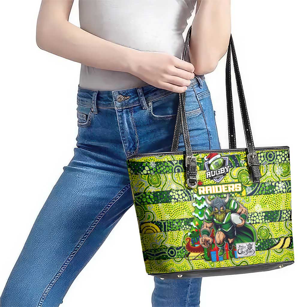 Raiders Rugby Merry Christmas Leather Tote Bag Indigenous Australian Art