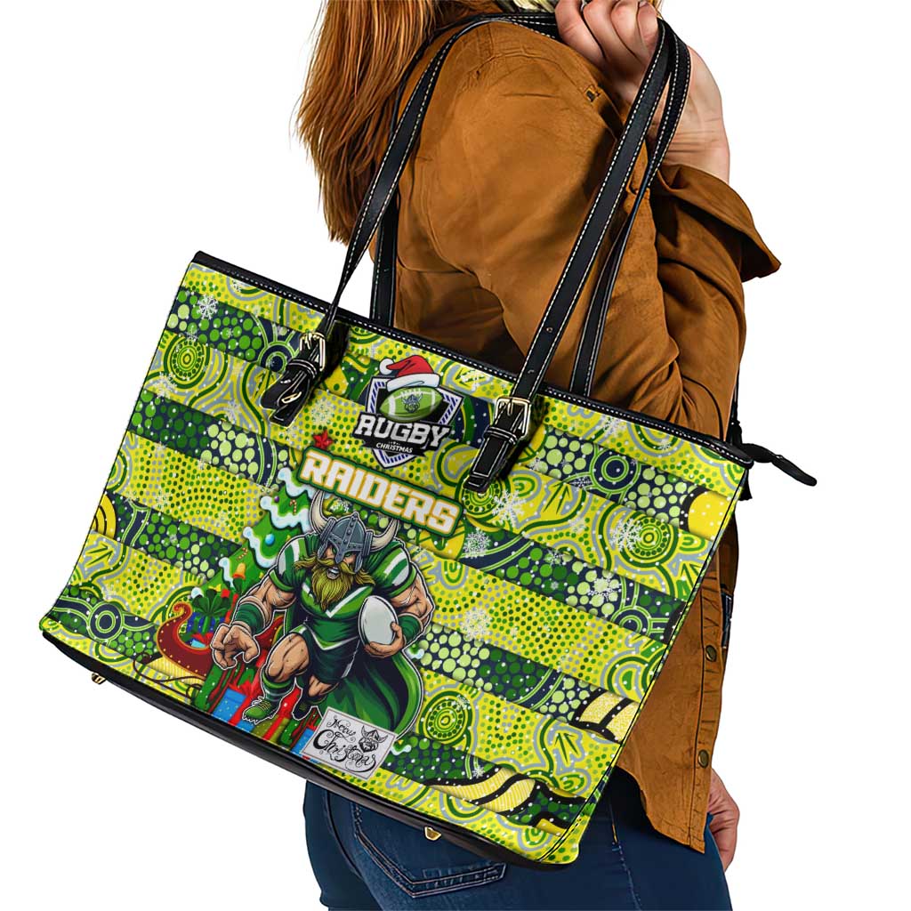 Raiders Rugby Merry Christmas Leather Tote Bag Indigenous Australian Art