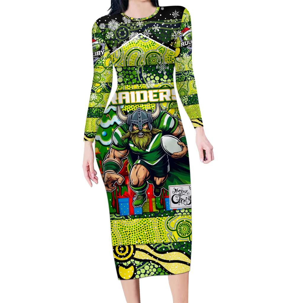 Custom Raiders Rugby Merry Christmas Long Sleeve Bodycon Dress Indigenous Australian Art