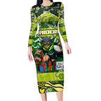 Custom Raiders Rugby Merry Christmas Long Sleeve Bodycon Dress Indigenous Australian Art