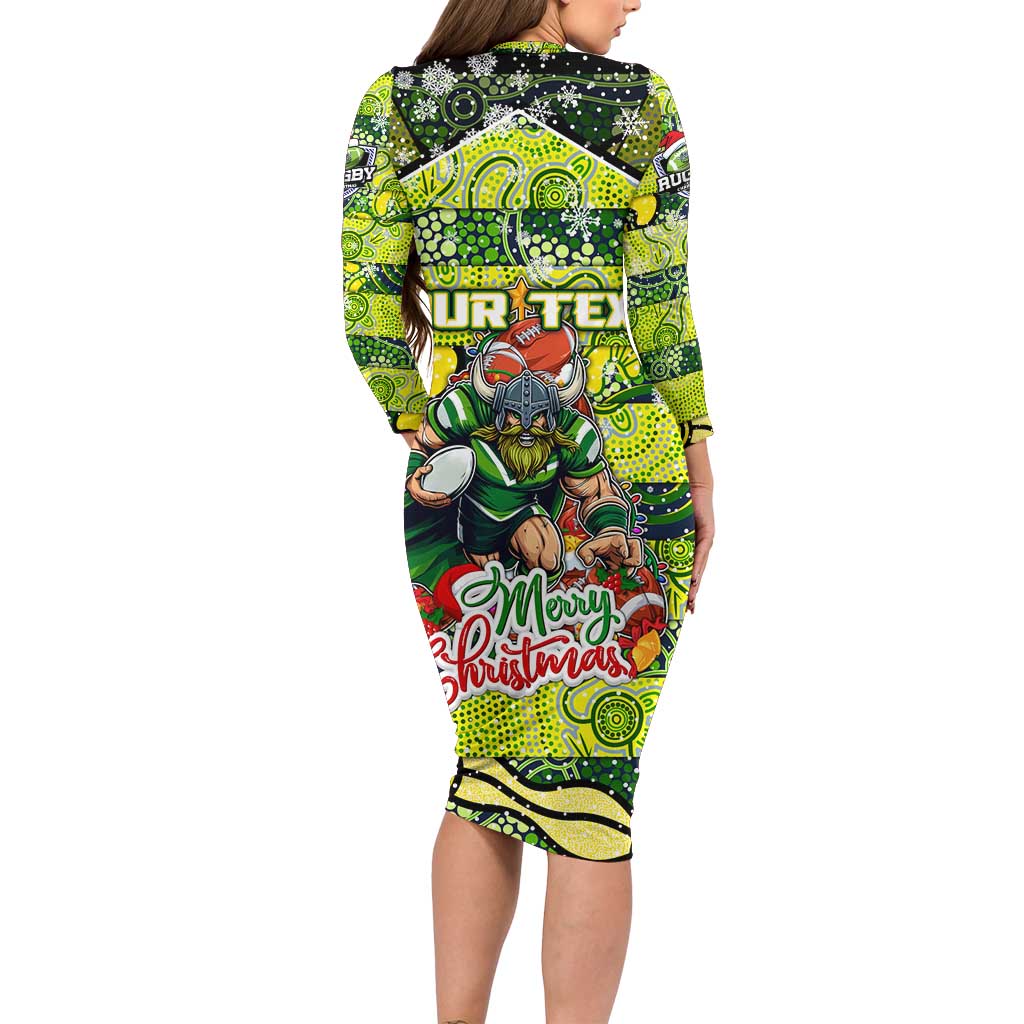 Custom Raiders Rugby Merry Christmas Long Sleeve Bodycon Dress Indigenous Australian Art