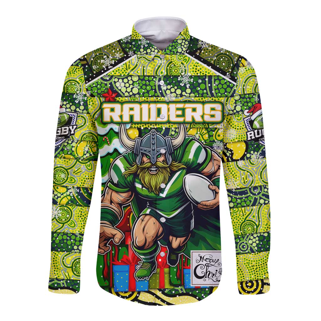 Custom Raiders Rugby Merry Christmas Long Sleeve Button Shirt Indigenous Australian Art