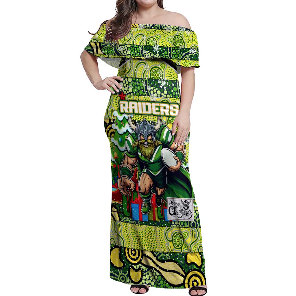 Custom Raiders Rugby Merry Christmas Off Shoulder Maxi Dress Indigenous Australian Art