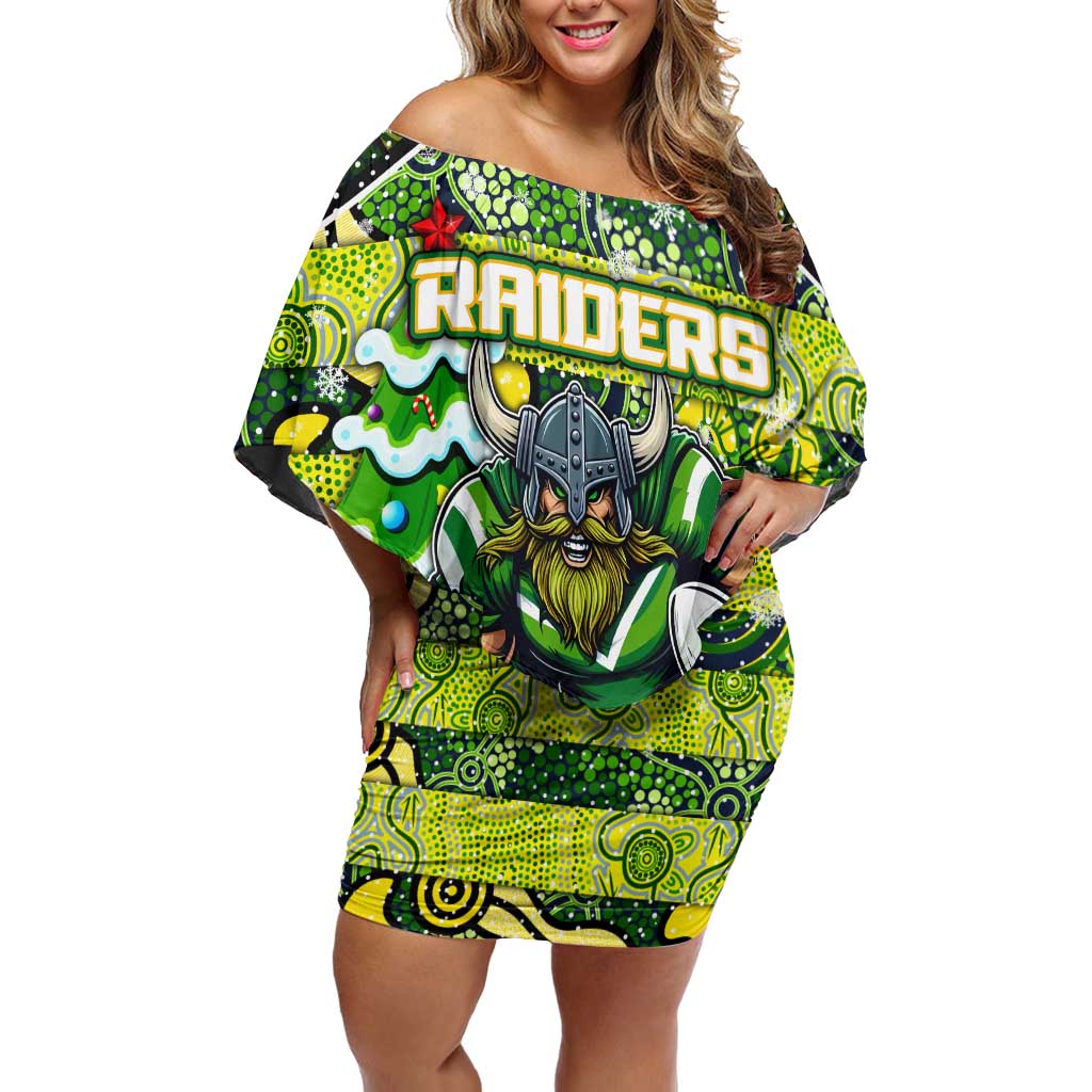 Custom Raiders Rugby Merry Christmas Off Shoulder Short Dress Indigenous Australian Art
