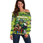 Custom Raiders Rugby Merry Christmas Off Shoulder Sweater Indigenous Australian Art