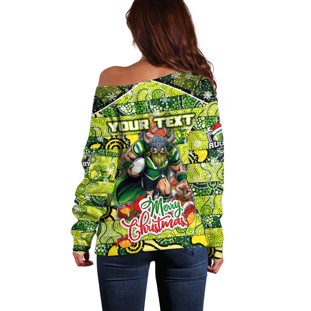 Custom Raiders Rugby Merry Christmas Off Shoulder Sweater Indigenous Australian Art