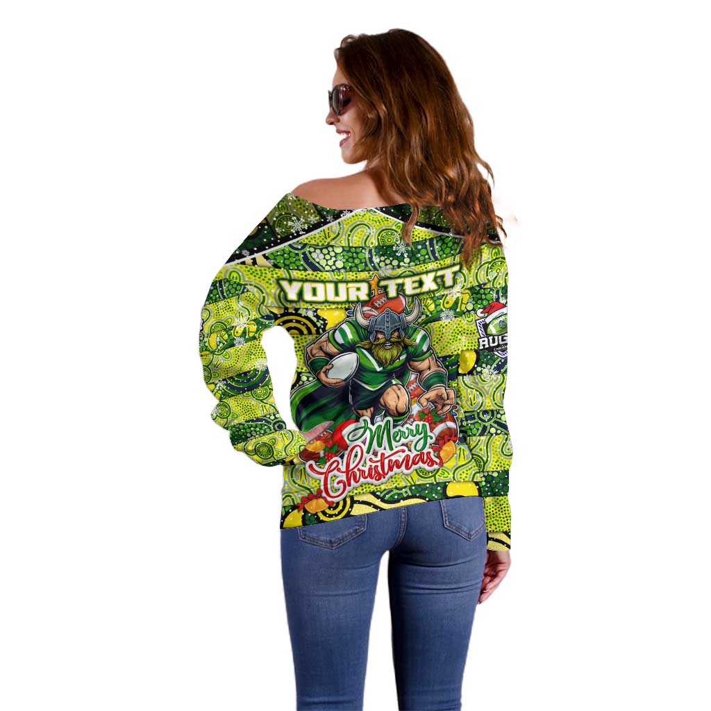 Custom Raiders Rugby Merry Christmas Off Shoulder Sweater Indigenous Australian Art