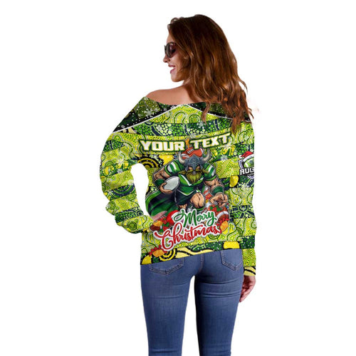 Custom Raiders Rugby Merry Christmas Off Shoulder Sweater Indigenous Australian Art