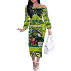 Custom Raiders Rugby Merry Christmas Off The Shoulder Long Sleeve Dress Indigenous Australian Art