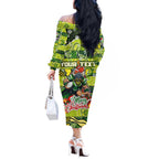 Custom Raiders Rugby Merry Christmas Off The Shoulder Long Sleeve Dress Indigenous Australian Art