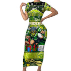 Custom Raiders Rugby Merry Christmas Short Sleeve Bodycon Dress Indigenous Australian Art