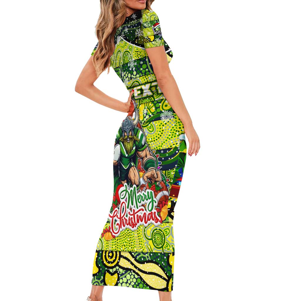 Custom Raiders Rugby Merry Christmas Short Sleeve Bodycon Dress Indigenous Australian Art