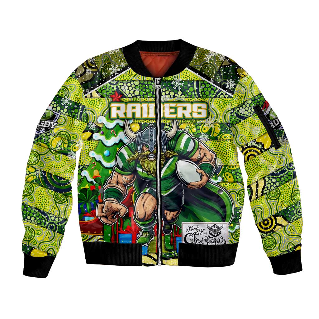 Custom Raiders Rugby Merry Christmas Sleeve Zip Bomber Jacket Indigenous Australian Art