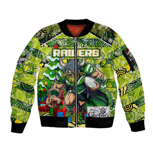 Custom Raiders Rugby Merry Christmas Sleeve Zip Bomber Jacket Indigenous Australian Art