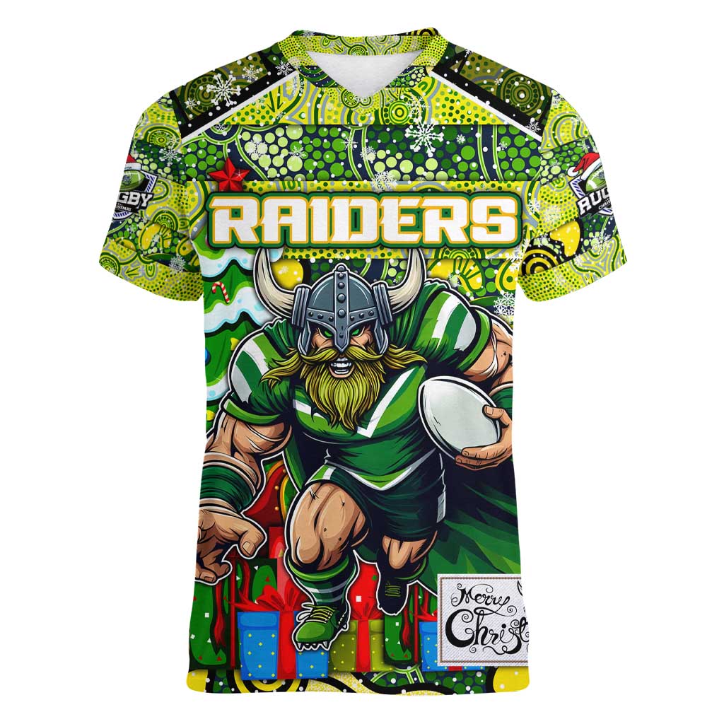 Custom Raiders Rugby Merry Christmas Women V-Neck T-Shirt Indigenous Australian Art