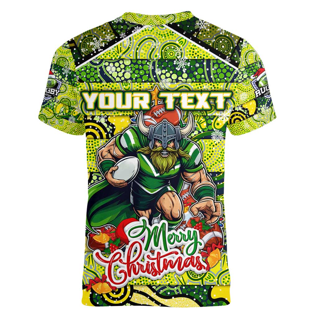 Custom Raiders Rugby Merry Christmas Women V-Neck T-Shirt Indigenous Australian Art