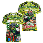 Custom Raiders Rugby Merry Christmas Women V-Neck T-Shirt Indigenous Australian Art