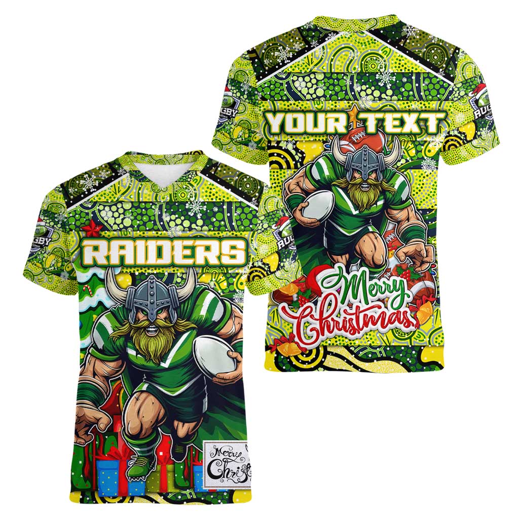 Custom Raiders Rugby Merry Christmas Women V-Neck T-Shirt Indigenous Australian Art