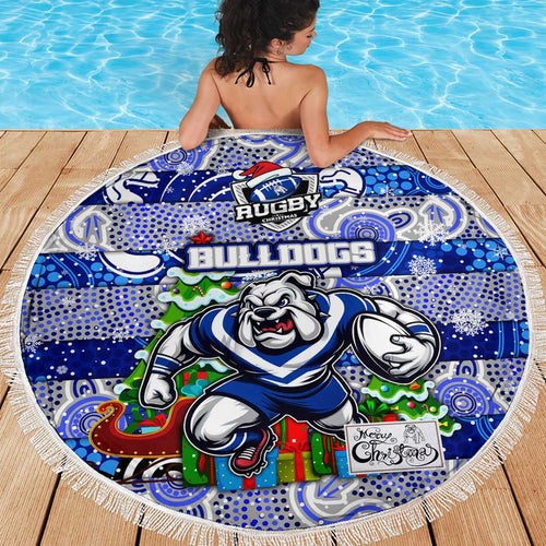 Bulldogs Rugby Merry Christmas Beach Blanket Indigenous Australian Art