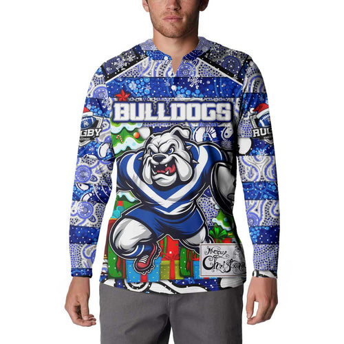 Custom Bulldogs Rugby Merry Christmas Button Sweatshirt Indigenous Australian Art