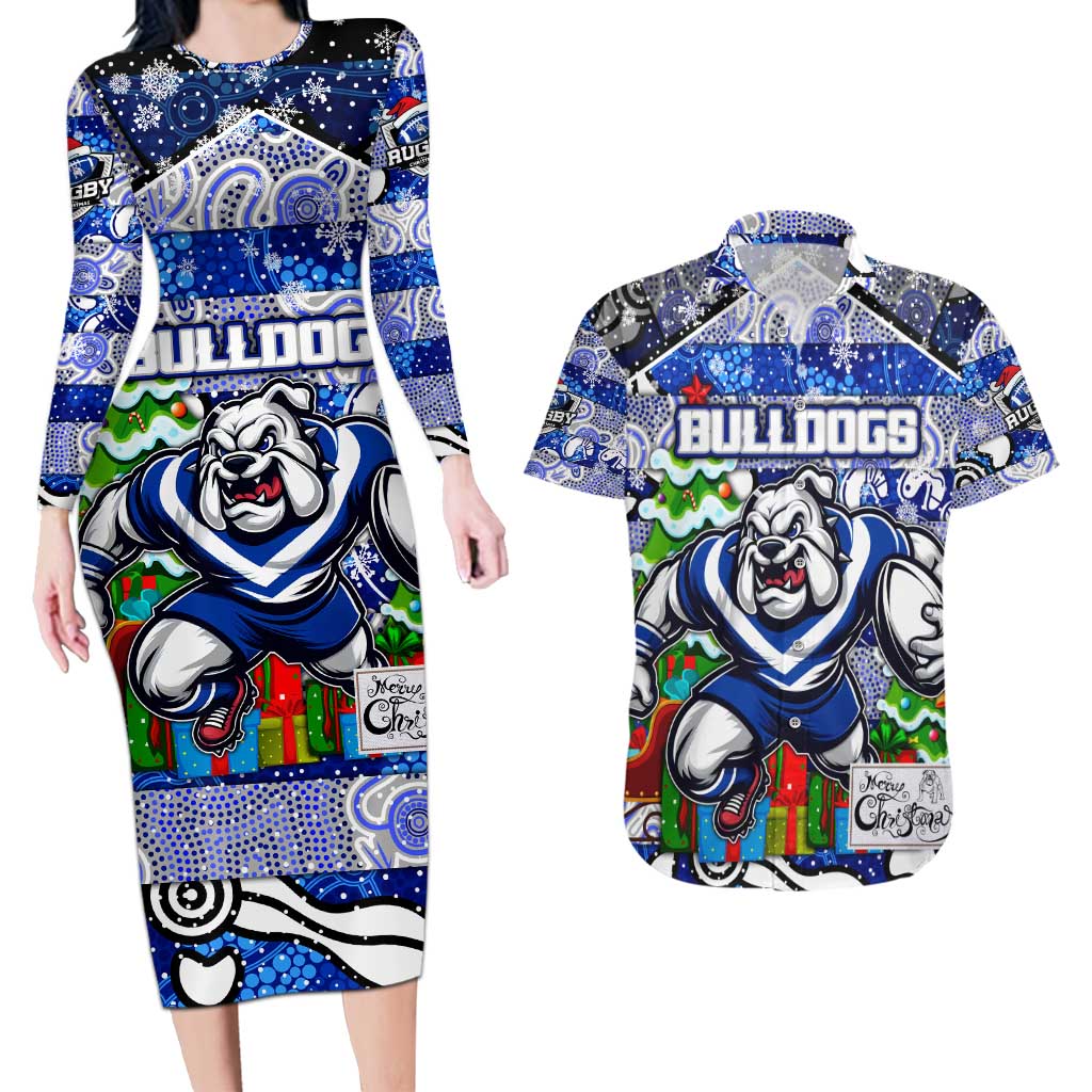 Custom Bulldogs Rugby Merry Christmas Couples Matching Long Sleeve Bodycon Dress and Hawaiian Shirt Indigenous Australian Art