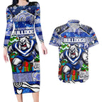 Custom Bulldogs Rugby Merry Christmas Couples Matching Long Sleeve Bodycon Dress and Hawaiian Shirt Indigenous Australian Art