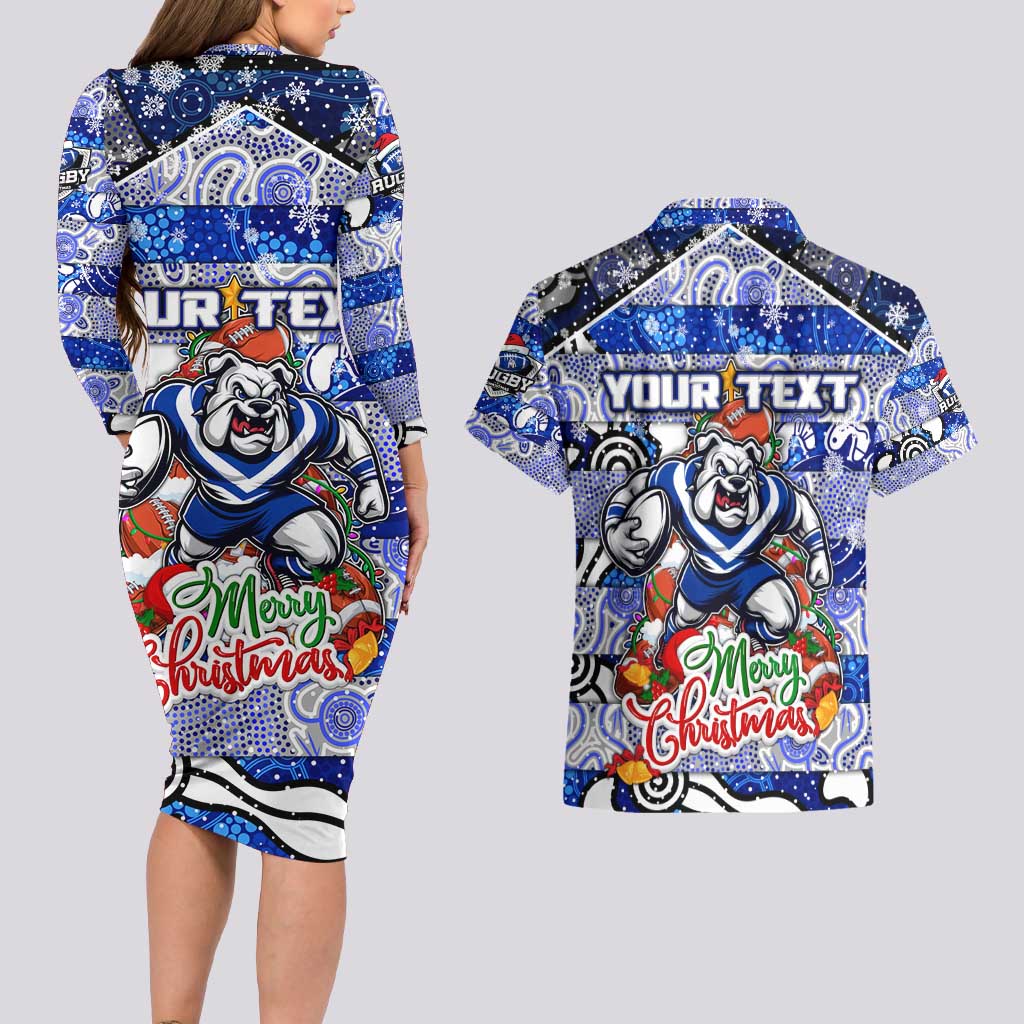 Custom Bulldogs Rugby Merry Christmas Couples Matching Long Sleeve Bodycon Dress and Hawaiian Shirt Indigenous Australian Art