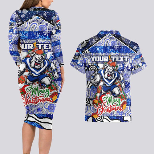 Custom Bulldogs Rugby Merry Christmas Couples Matching Long Sleeve Bodycon Dress and Hawaiian Shirt Indigenous Australian Art