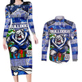 Custom Bulldogs Rugby Merry Christmas Couples Matching Long Sleeve Bodycon Dress and Long Sleeve Button Shirt Indigenous Australian Art