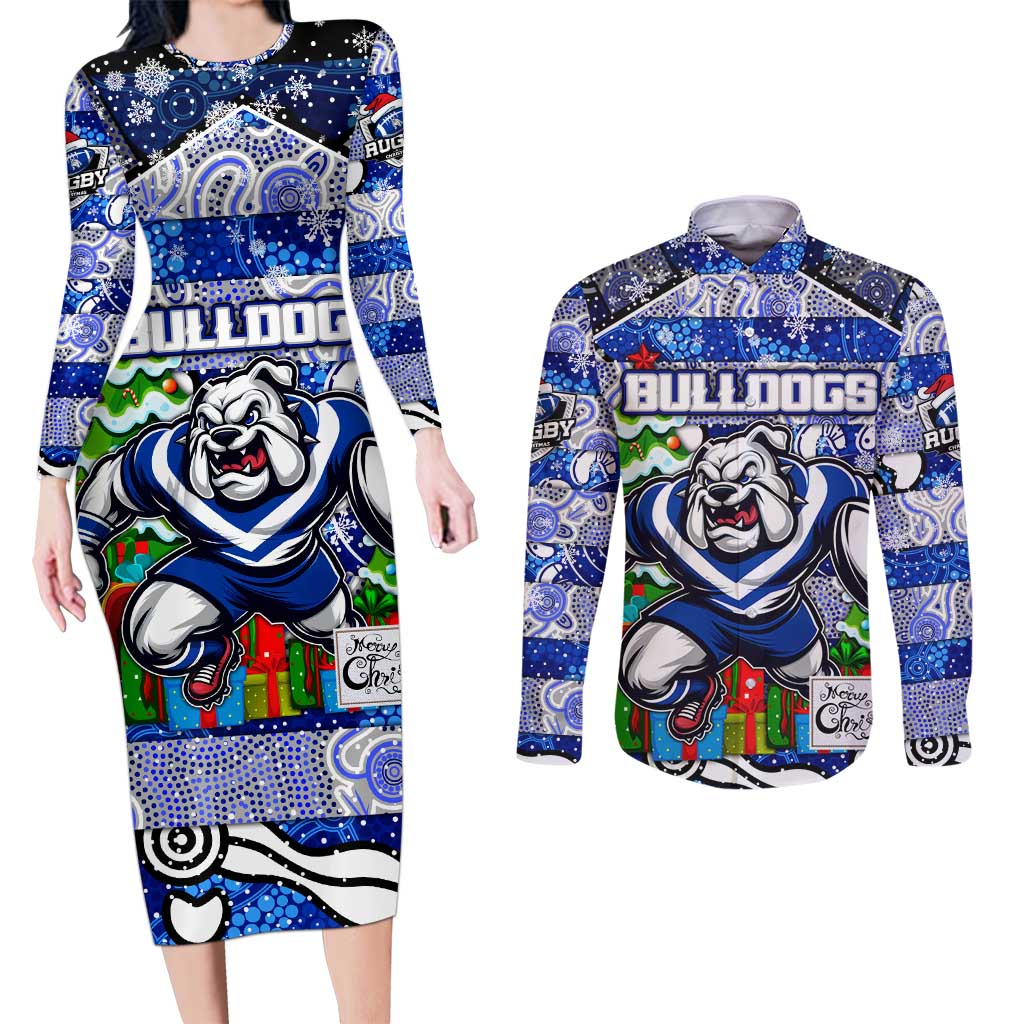 Custom Bulldogs Rugby Merry Christmas Couples Matching Long Sleeve Bodycon Dress and Long Sleeve Button Shirt Indigenous Australian Art