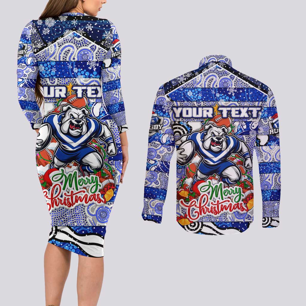 Custom Bulldogs Rugby Merry Christmas Couples Matching Long Sleeve Bodycon Dress and Long Sleeve Button Shirt Indigenous Australian Art