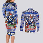 Custom Bulldogs Rugby Merry Christmas Couples Matching Long Sleeve Bodycon Dress and Long Sleeve Button Shirt Indigenous Australian Art