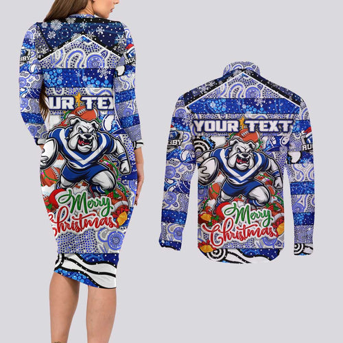 Custom Bulldogs Rugby Merry Christmas Couples Matching Long Sleeve Bodycon Dress and Long Sleeve Button Shirt Indigenous Australian Art